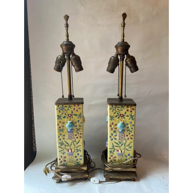 Antique vintage Ceramic Chinoiserie Yellow Famille Jaune Lamps Famille Verte Vases Table Lamps hand painted well made...