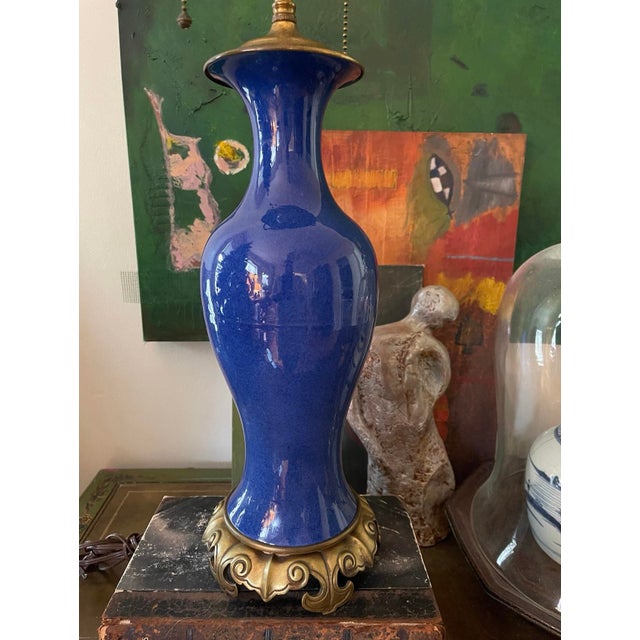 Vintage Royal Blue Glaze Vase Asian Lamp For Sale - Image 9 of 10