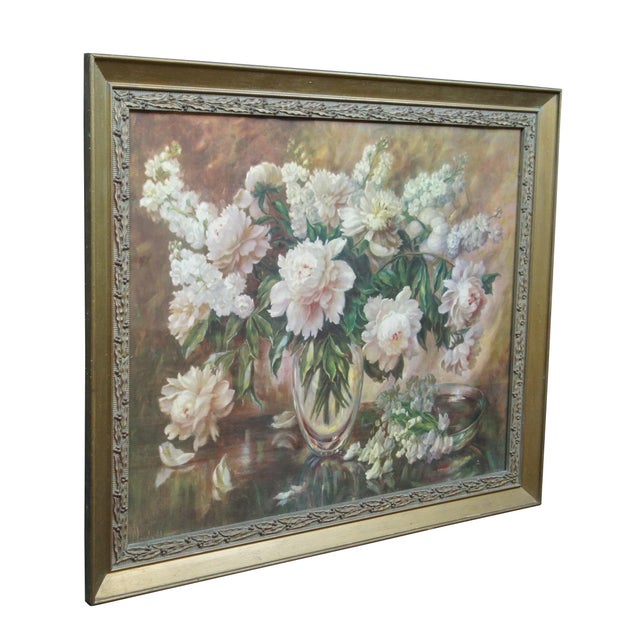 Late 20th century lithograph print of a still life depicting a variety of pale pink and white peonies and other flowers in...