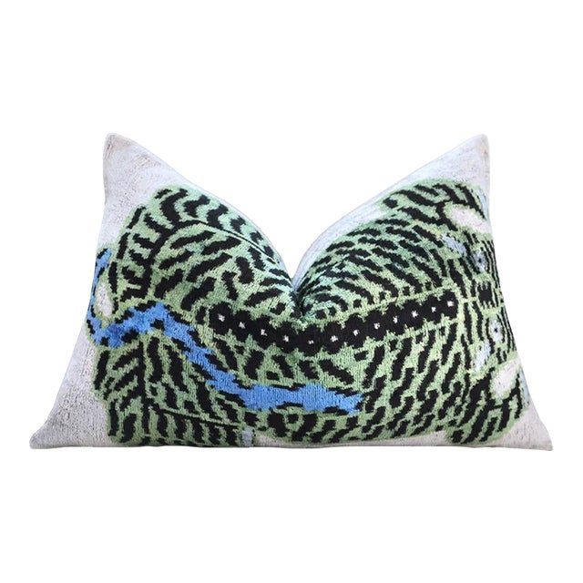Handmade Green Tiger Velvet Lumbar Pillow 16x24 – Artisan Silk Cushion With Blue Accents For Sale
