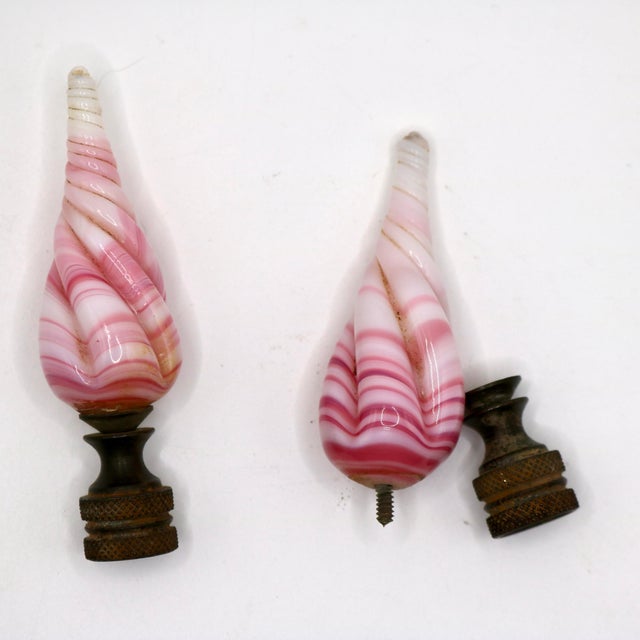 Mid 20th Century Vintage Pink & White Swirl Art Glass Lamp Finials With Brass Bases - A Pair For Sale - Image 5 of 6