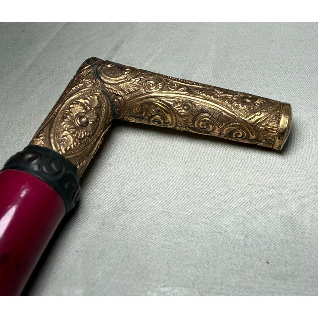 Gold Antique 1800's Victorian Yellow Gold Filled Wood Porcelain Walking Stick Cane For Sale - Image 8 of 17