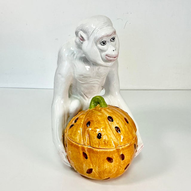 Ceramic 1950s Vintage Majolica Chinoiserie Hollywood Regency Figural Monkey With Pumpkin After Chelsea House, Halloween & Thanksgiving For Sale - Image 7 of 18