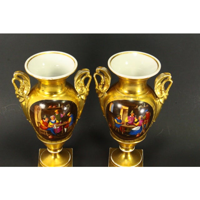 Gold Early 19th C. Empire Old Paris Porcelain Fire Gilt & Painted Vases, a Pair For Sale - Image 8 of 18