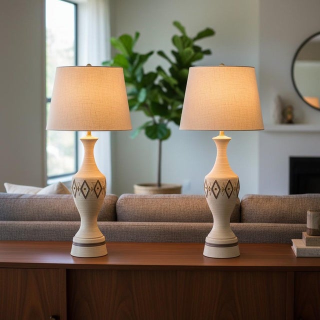 Vintage Mid Century Modern Chalkware Lamp Pair — Neutral Ribbed Texture For Sale - Image 11 of 13