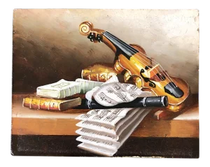 Vintage Original Miniature Still Life Painting Musical Instruments & Sheet Music