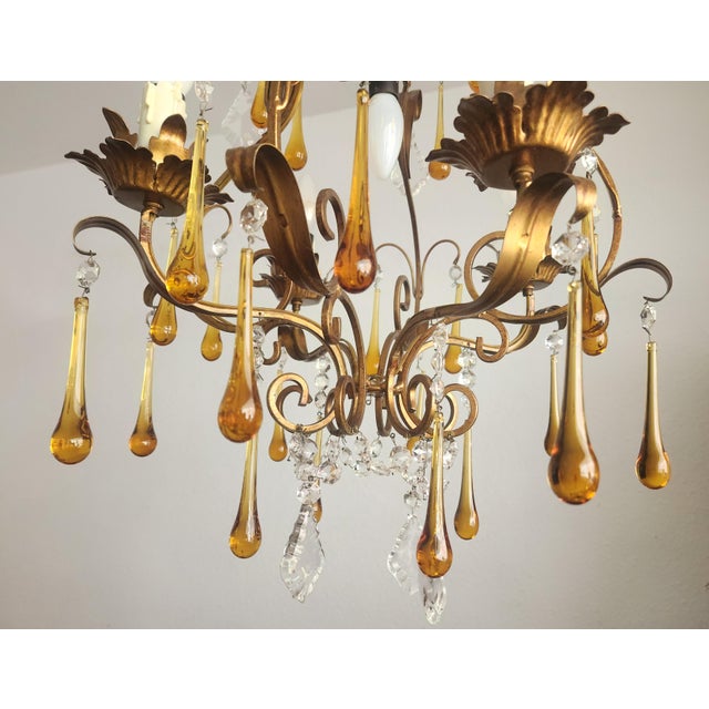 Floral Five-Light Gilded Ceiling Lamp with Crystals and Murano Glass Crystal Drops, 1960s For Sale - Image 18 of 18