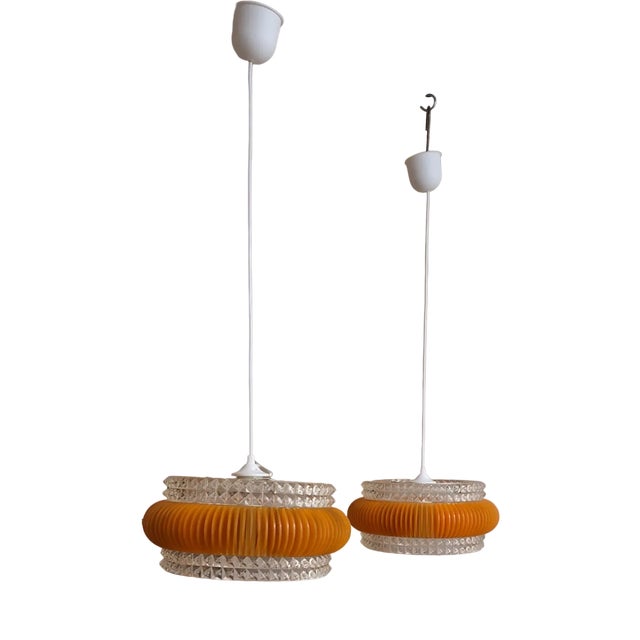 Vintage Ceiling Lamps with Clear Plastic Shade with Orange Scale Band, 1970s, Set of 2 For Sale