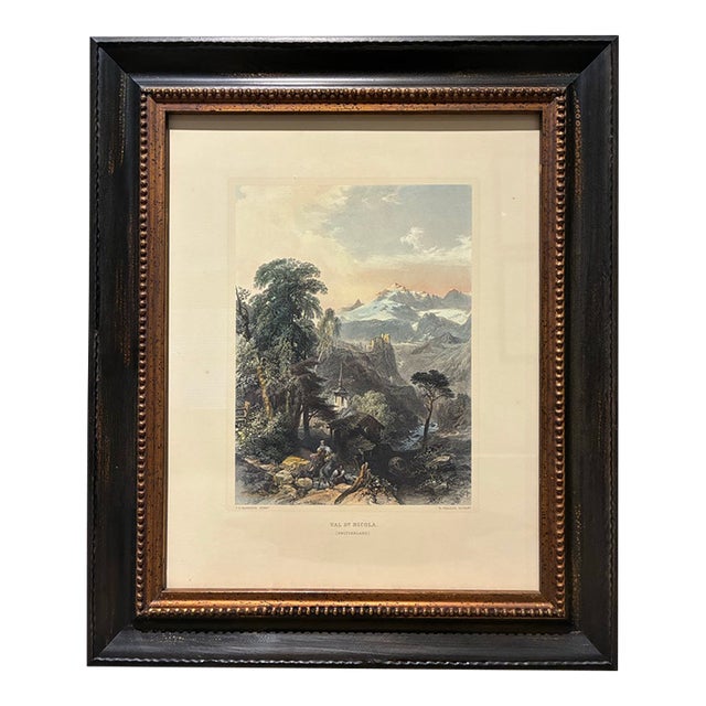 Vintage “Val St. Nicola” Switzerland Alpine Landscape Print in Ornate Black & Gold Frame For Sale