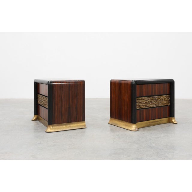 Black Nightstands in Wood with Brass Relief, Italy 1970s, Set of 2 For Sale - Image 8 of 15
