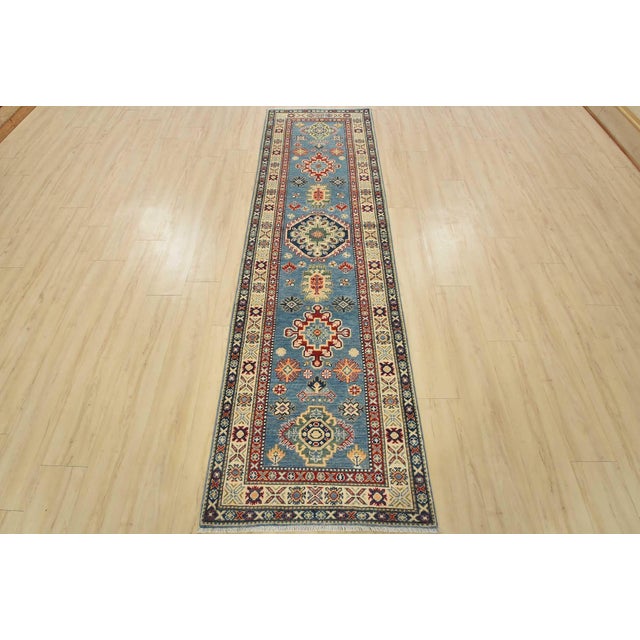 Farmhouse Kazak Runner 2’9” X 9’6” Blue Wool Tribal Hand-Knotted Oriental Rug For Sale - Image 3 of 13
