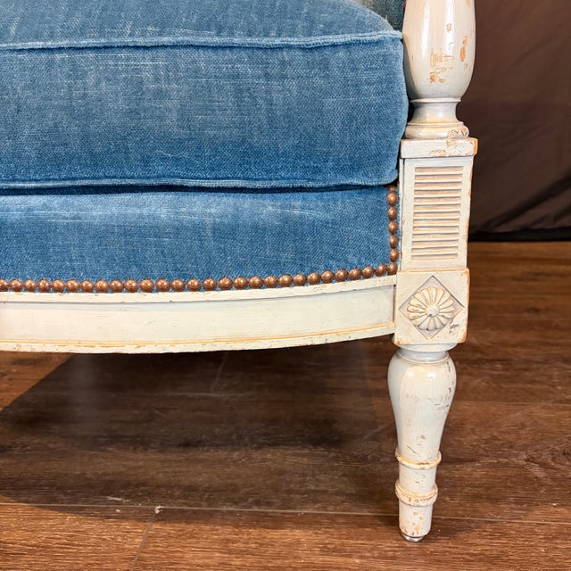 Mid 19th Century Antique French Neoclassical Painted Armchairs or Bergères in Blue Mohair- A Pair For Sale - Image 5 of 11