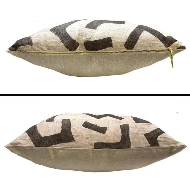 Kuba Cloth Ecru Figures Pattern Pillows by St George - Down Fill - Pair For Sale - Image 6 of 9