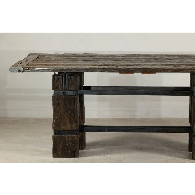 Vintage Rustic Reclaimed Teak Table with Distressed Top and Metal Base For Sale - Image 11 of 12