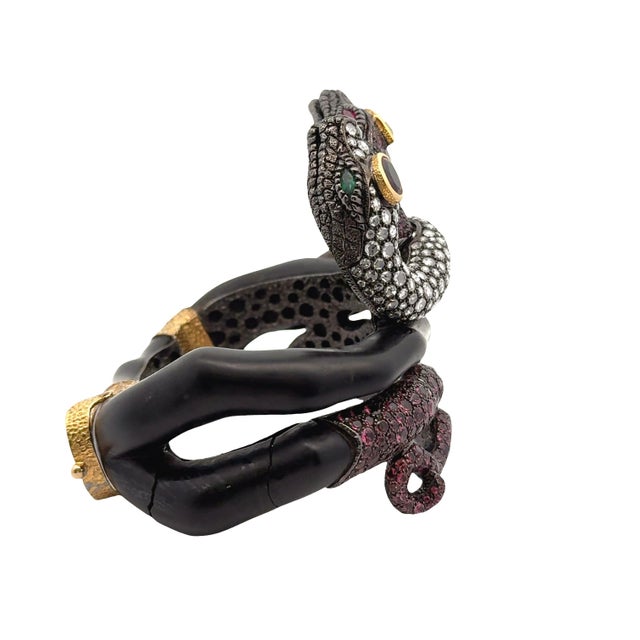 Pink Tourmaline Diamond Silver-18k Gold-Wooden Snake Bracelet For Sale - Image 4 of 11