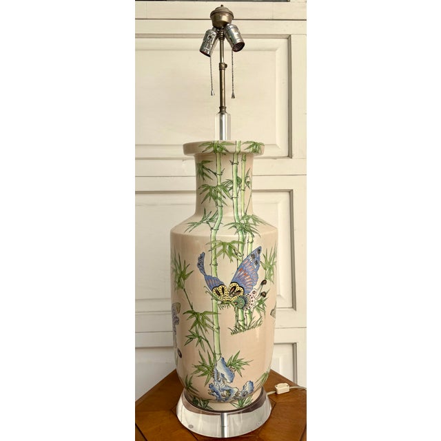Late 20th Century Vintage Hand-Painted Chinoiserie Butterfly Porcelain Table Lamp on Lucite Base For Sale - Image 5 of 12