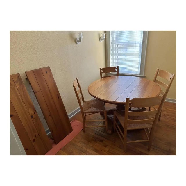 Farmhouse Vintage Ethan Allen Rustic Farmhouse Round Pedestal Table With Ladder Back Handwoven Rush Chairs For Sale - Image 3 of 14