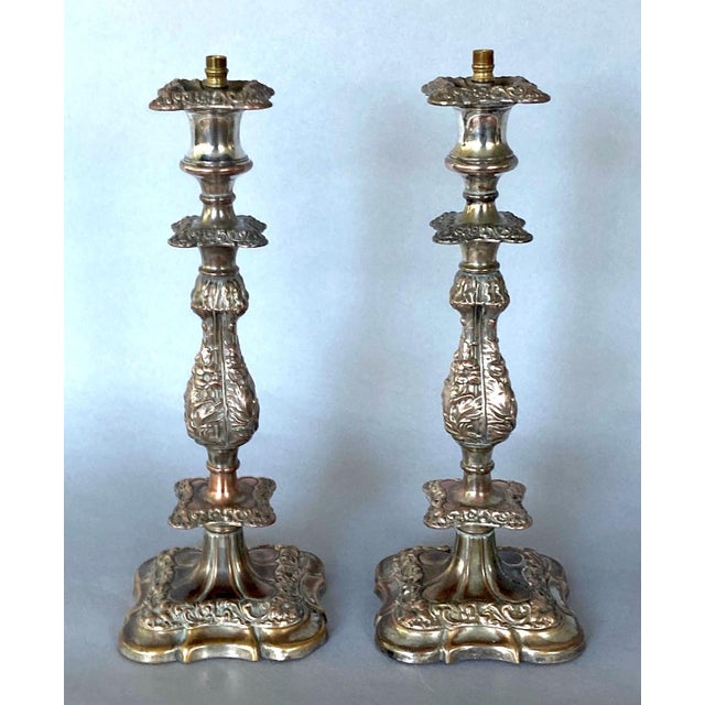 English Late 20th Century Ornate, Silver Plated, Antique English Candlestick Table Lamps - a Pair For Sale - Image 3 of 7