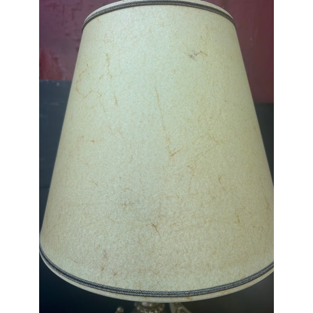 1960s Italian Ornate Brass Plated Table Lamps With Cream Silk Shades - A Pair For Sale - Image 10 of 11