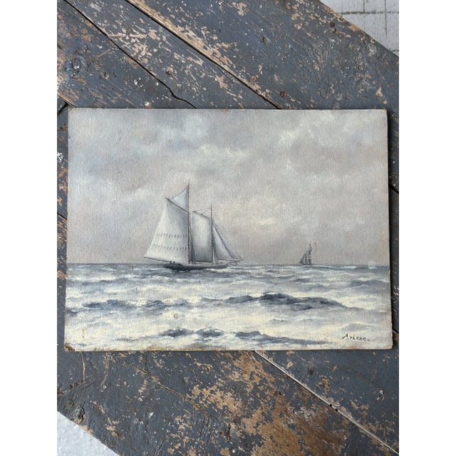 Vintage Steely Seascape Painting on Board, Signed by the Artist, Circa Mid-20th Century For Sale - Image 13 of 14