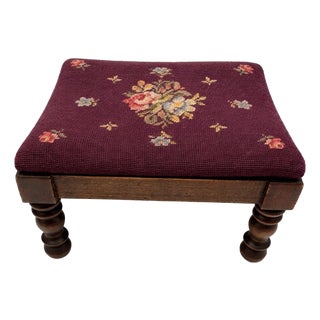 Vintage French Provincial Needlepoint Footstool in Burgundy Wool With Floral Motif For Sale