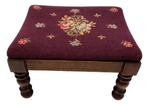 Vintage French Provincial Needlepoint Footstool in Burgundy Wool With Floral Motif