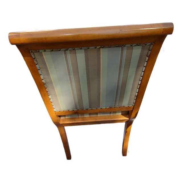Scroll-Arm Accent Chair, Striped Upholstery, Wood Frame, For Sale