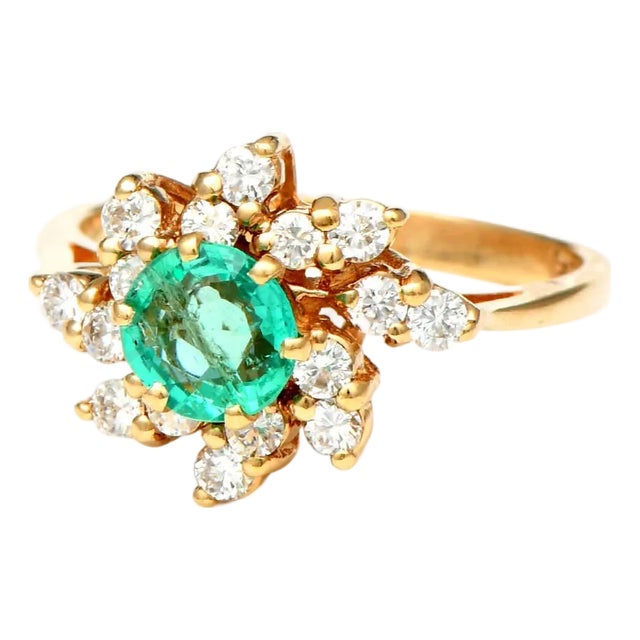 14KY Vintage Emerald(0.73) & Diamond(0.60) Ring, size 8.5 For Sale