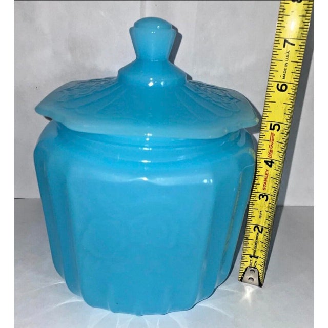 Rare Baby Blue Mayfair Open Rose Depression Glass Cookie Jar For Sale - Image 4 of 12