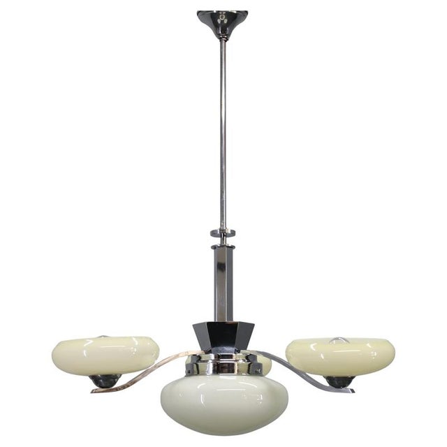 Vintage Art Deco Chrome Pendant Light with Cream Opaline Glass Shades, 1930s For Sale - Image 13 of 13