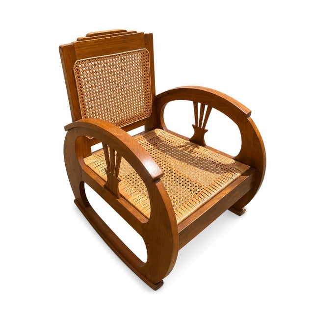 Vintage Art Deco Armchair in Teakwith Hand-Woven French Rattan, 1920s, Set of 2 For Sale - Image 4 of 5