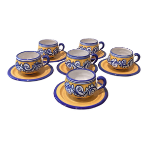 Late 20th Century Del La Cal Family Fiesta Handmade Yellow & Cobalt Blue Ceramic Coffee/Tea Cups & Saucers Set, Spain- 12 Pieces