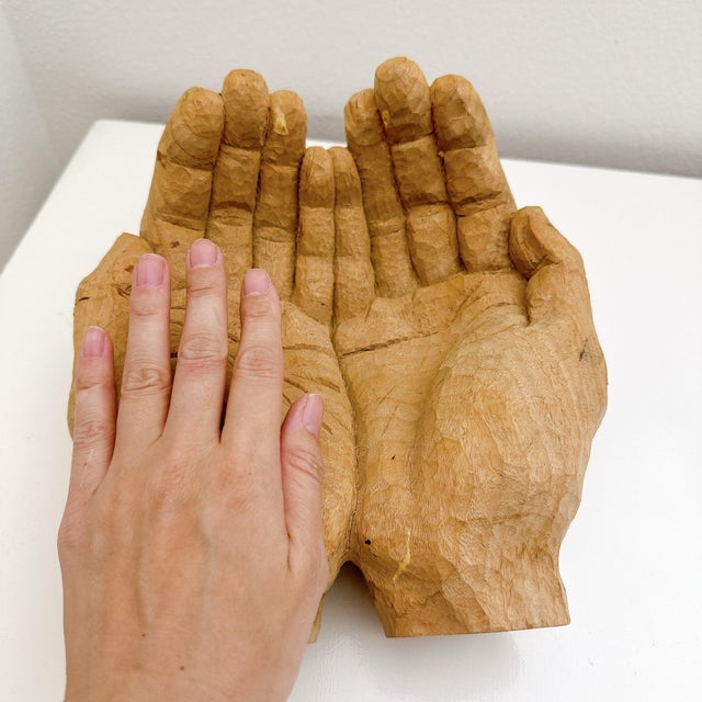Brown Vintage Primitive Hand Carved Wooden Cupped Hands Sculpture Folk Art Bowl Decor For Sale - Image 8 of 9