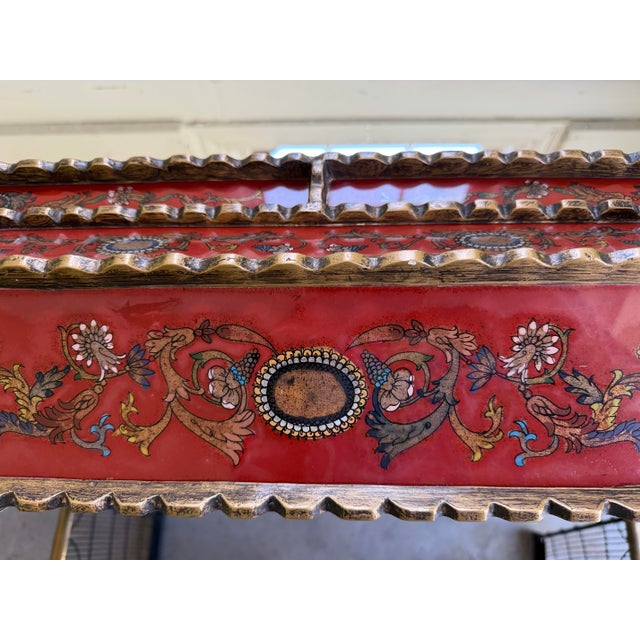Large Vintage Peruvian Reverse-Painted Red Glass Mirror Gilt Hand-Carved Wood Frame Spanish Colonial Style For Sale - Image 4 of 9