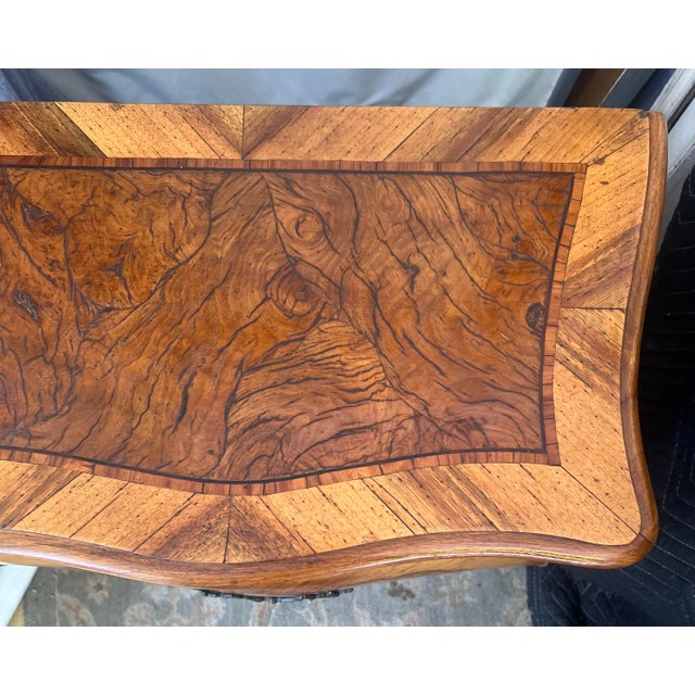 Burl Wood Nightstand Rococo Three Drawer Bombe Commode Blue Velvet Lining For Sale - Image 9 of 12