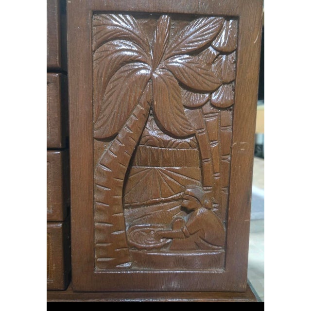 Early 20th Century Vintage Hand-Carved Wooden Deep Relief Jewelry Cabinet Tropical Farming Motif For Sale - Image 5 of 12