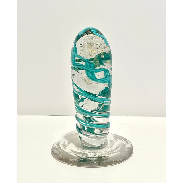Signed Stephen Rich Nelson Studio Art Glass Sculpture 1990 Turquoise Ribbon Aventurine Bubble Glass Paperweight 10.5” For Sale - Image 10 of 10