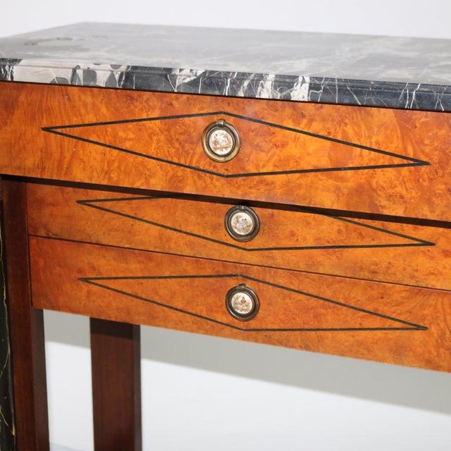 Antique Biedermeier Three Drawer Burl & Ebonized Console Stand with Faux Painted Full columns and Marble Top c1920...