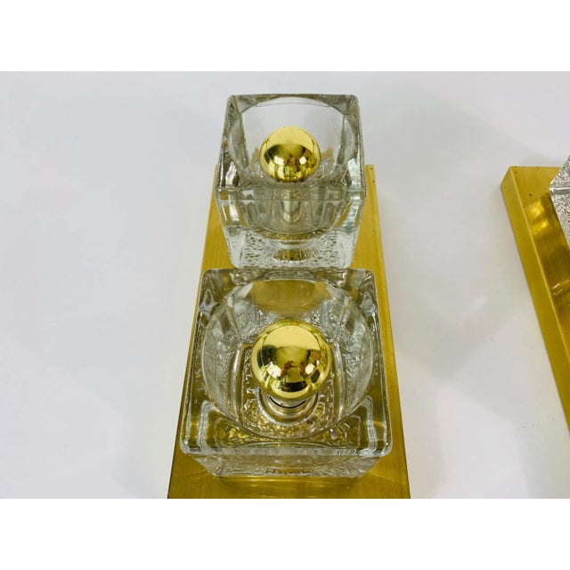 Peill & Putzler Brass and Frosted Ice Glass Cube Flush Mounts from Peill & Putzler, 1970s, Set of 2 For Sale - Image 4 of 7