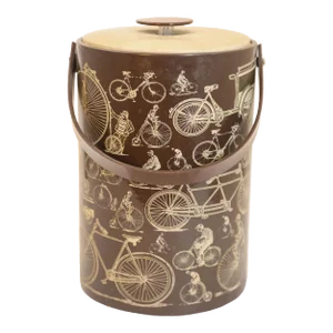 Georges Briard Signed Ice Bucket Brown Vinyl With Bicycle Design Vintage 1950s