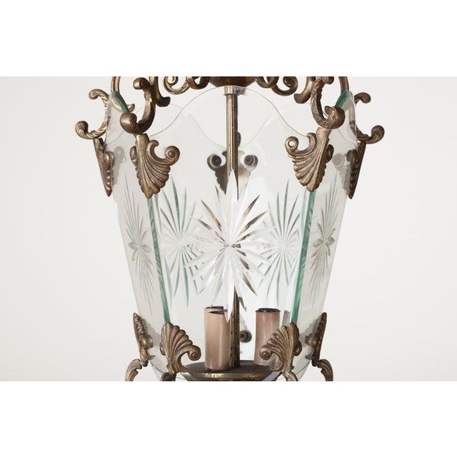 Italian ornate brass lantern chandelier with five etched starburst glass panels, c. 1950's. One brass screw missing.