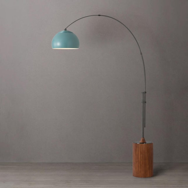 Mid-Century Modern 1980s 92" Tambo Floor Lamp in Black Nickel by Nova of California, 1980s - Mid Century Arc Lamp, Pool Blue Shade, Dark Walnut Base, Dimmable For Sale - Image 3 of 9