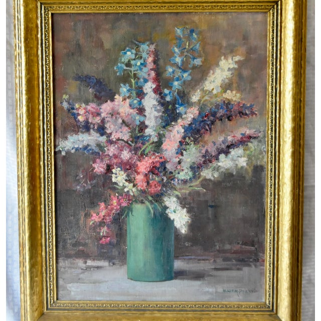 A mid-century oil painting by listed California artist Ollie Montgomery Perry (1881 – 1964). The piece depicts a teal bowl...