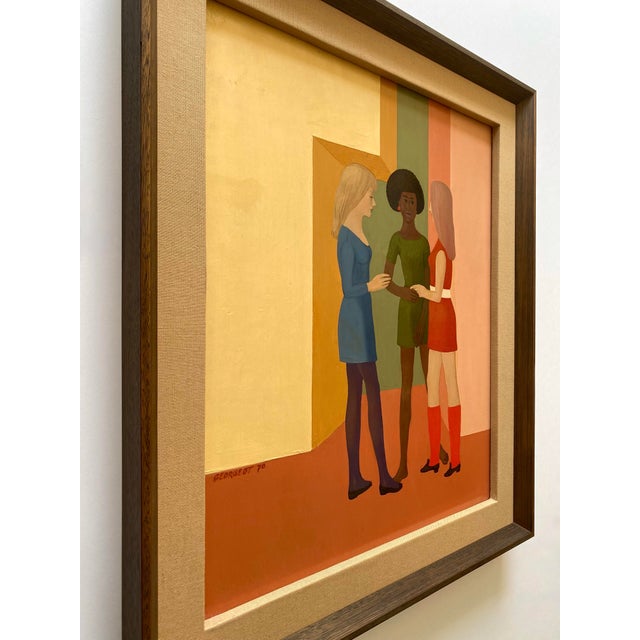 Wood Pierre Georgeot Vintage 1970 Mid Century Modernist " Trois Aimes " Original Framed Paris Pop Art Oil Painting For Sale - Image 7 of 17