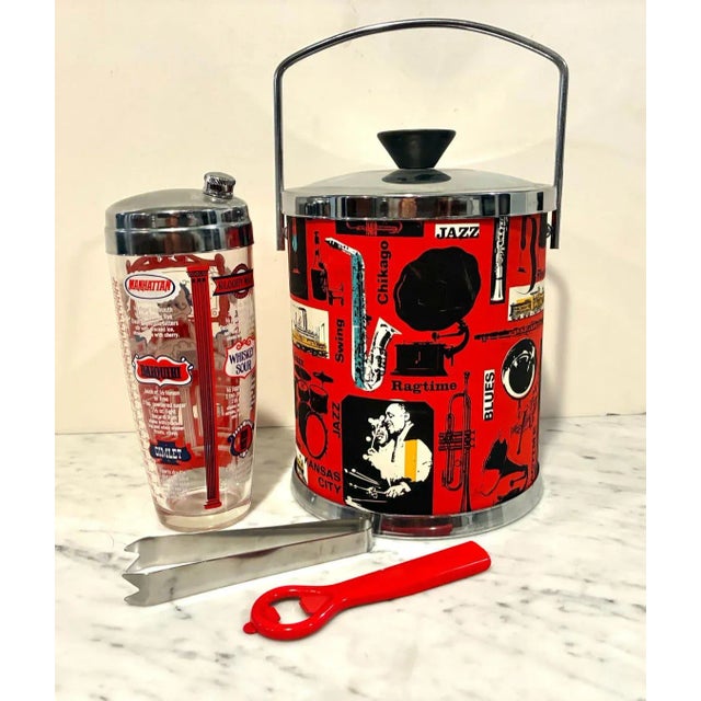 Mid Century Modern Vintage Red Bar Set - 4 Piece Grouping Complete with red-themed music ice bucket, glass cocktail shaker...