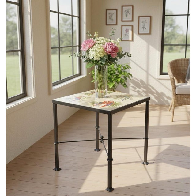 Beige Italian Contemporary Hand-Painted Ceramic Tile Parrot Bistro Table For Sale - Image 8 of 12