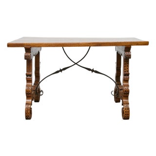 Spanish 18th Century Walnut Fratino Table with Carved Legs and Iron Stretcher For Sale