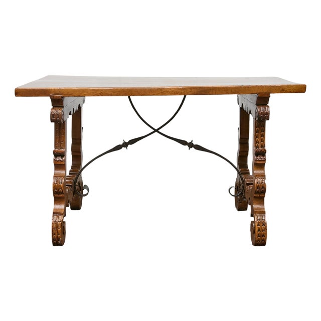 Spanish 18th Century Walnut Fratino Table with Carved Legs and Iron Stretcher For Sale
