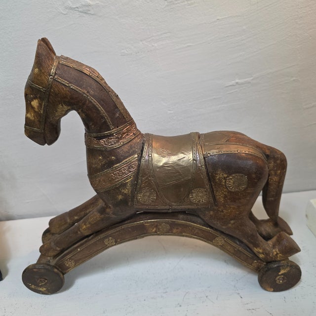 Turn-of-the-Century European Wooden Toy Horse on Wheels With Brass & Copper Inlay For Sale - Image 9 of 11