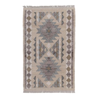 Beige Grey Wool Jute Kilim Premium Flatweave Scandinavian Rug 5x8Ft. For Sale